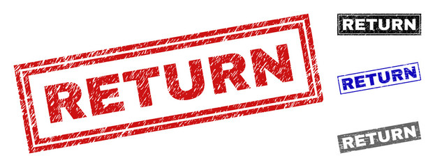 Grunge RETURN rectangle stamp seals isolated on a white background. Rectangular seals with grunge texture in red, blue, black and grey colors.