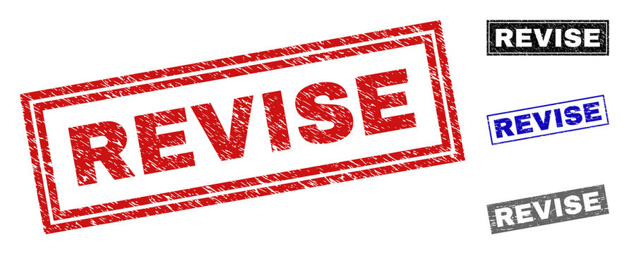 Grunge REVISE rectangle stamp seals isolated on a white background. Rectangular seals with distress texture in red, blue, black and gray colors.