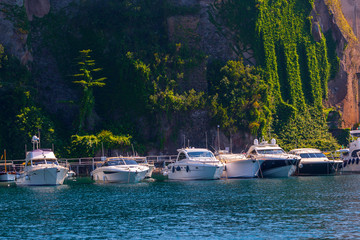 Seascape beautiful famous coastline. Yachts, boats and boats in the harbor. Seaside panoramic view...