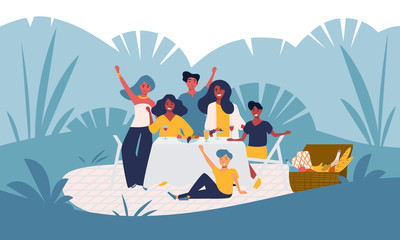 Happy young family has fun on a picnic in the park, garden party outside, backyard celebration. Smiling people group with children. Summer nature outdoor leisure activity. Flat vector isolated.