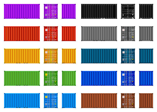 Cargo containers, multicolor set, isolated on white, vector