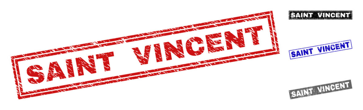 Grunge SAINT VINCENT rectangle stamp seals isolated on a white background. Rectangular seals with distress texture in red, blue, black and gray colors.