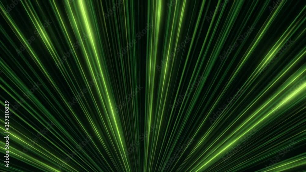 Poster abstract animation of equal colorful green neon rays motion in neon tunnel. colorful abstraction.
