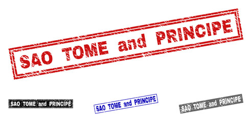 Grunge SAO TOME AND PRINCIPE rectangle stamp seals isolated on a white background. Rectangular seals with grunge texture in red, blue, black and gray colors.