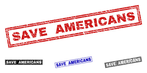 Grunge SAVE AMERICANS rectangle stamp seals isolated on a white background. Rectangular seals with grunge texture in red, blue, black and gray colors.