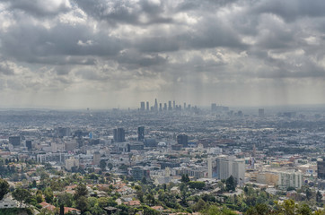 View of downtown LA from Runyon Canyon hiking trail, Los Angeles, CA.