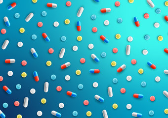 Colored set different pills, medical background. Prescription drugs concept. Vector realistic illustration.