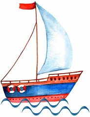 A beautiful watercolor sailboat with blue waves on a white background. Isolated. Illustration. 