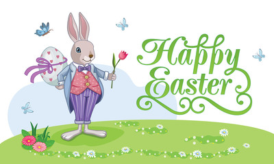 Cute white rabbit or bunny with Easter egg. Romantic gift. Isolated cartoon illustration, suitable for print or sticker. Vintage beautiful holiday card, poster. Wonderland. Happy Easter. Vector.