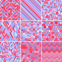 Set with nine seamless abstract geometric pattern, vector illustration. Violet, pink, blue colors.