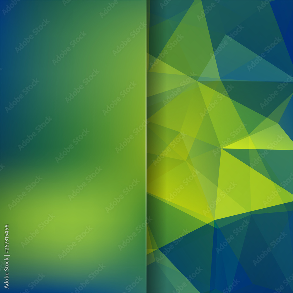 Poster background made of green, blue, triangles. square composition with geometric shapes and blur element