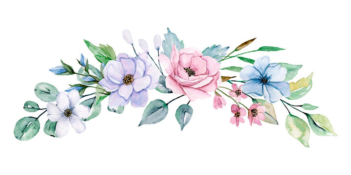 Watercolor flowers, pink, violet and blue peonies. Floral clip art. Perfectly for printing design on invitations, greeting cards, wall art and other. Isolated on white background. Hand painted.