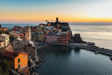 Aerial view on sunset over Vernazza town, Cinque Terre national park, Italy