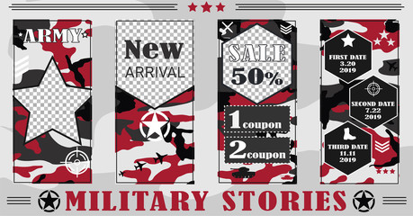 Military, army story templates for social networks, Sales, discounts, Military and police equipment. Vector illustration, pictures in flat style.