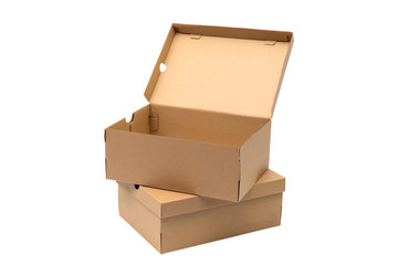 Brown cardboard shoes box with lid for shoe or sneaker product packaging mockup, isolated on white with clipping path.