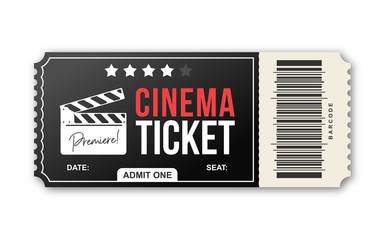Cinema ticket on white background. Movie ticket template in black and red colors - obrazy, fototapety, plakaty