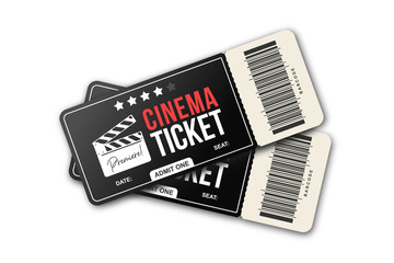 Two cinema tickets on white background. Movie tickets template in black and red colors