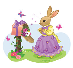 Obraz premium Vintage Easter poster with a cute rabbit or bunny. Romantic gift. Isolated cartoon illustration, suitable for print or sticker. Beautiful holiday postcard. Wonderland. Children's theme. Vector. 