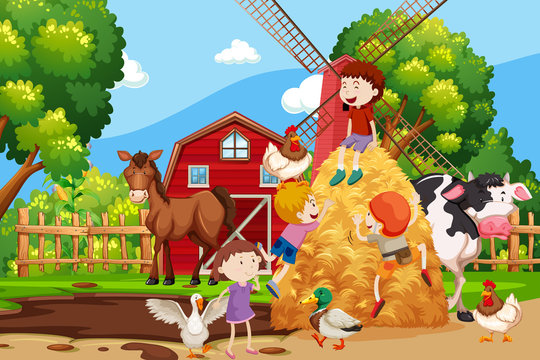 Farm Scene With All Animals