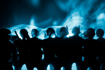 Anti-riot police give signal to be ready. Government power concept. Police in action. Smoke on a...