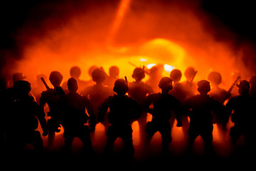 Anti-riot police give signal to be ready. Government power concept. Police in action. Smoke on a...