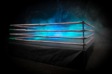 Empty boxing ring with red ropes for match in the stadium arena. Creative artwork decoration