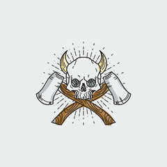 Vector illustration of color tattoo graphic human skull with axes and horns
