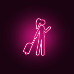 silhouette of a girl with luggage icon. Elements of Airport in neon style icons. Simple icon for websites, web design, mobile app, info graphics