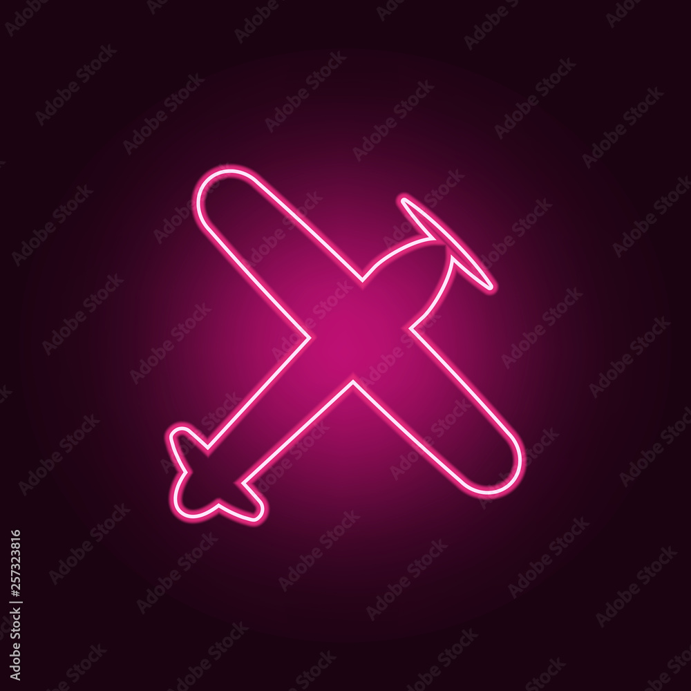 Poster view of the old plane from above icon. elements of airport in neon style icons. simple icon for webs
