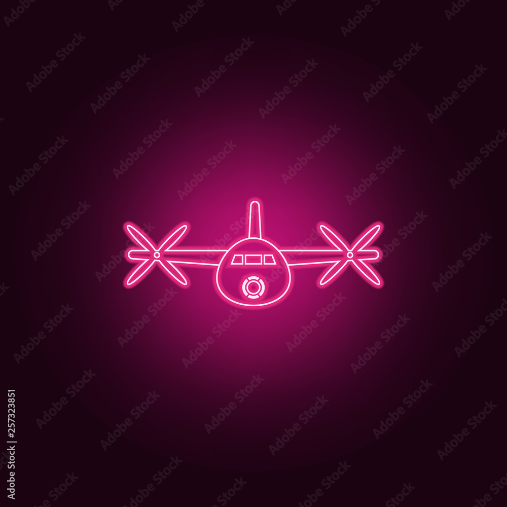 Poster view of propeller aircraft in front icon. elements of airport in neon style icons. simple icon for w