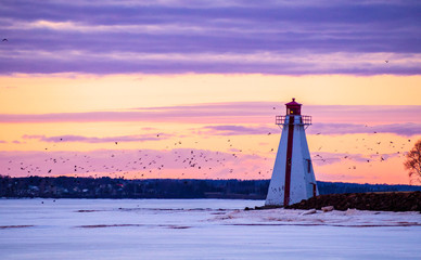Sunset over the Brighton Beach Range Lighthouse in the late winter 