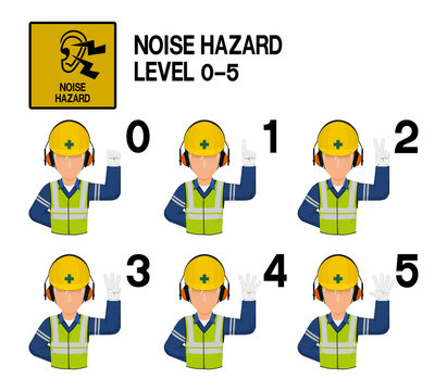 Set of industrial worker with hearing protective equipment is gesturing hand sign (0-5)
