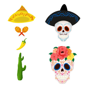 Mexican sugar skull illustration and objects for Cinco de Mayo