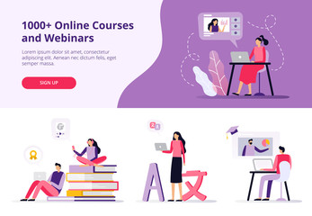 Online courses. Women and men working with laptops, learning languages and watching a video. Set of banners and backgrounds for site with a distance education theme. Vector illustration