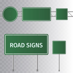 Set of road green traffic signs. Blank board with place for text. Isolated on transparent background. Vector illustration.  
