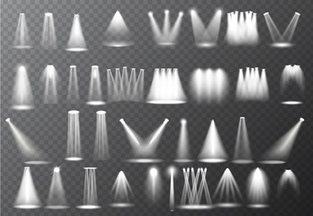 Vector light sources, concert lighting, stage beam spotlights set  lens flash effect. Spot lamp projection studio for podium, club, show, scene illuminated. Floodlight on transparent background.