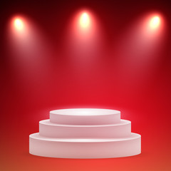 Round pedestal. Stage podium with lighting. Winner podium and Scene with for Award Ceremony concept on red Background. Stage backdrop on fog effect.  vector Illustration