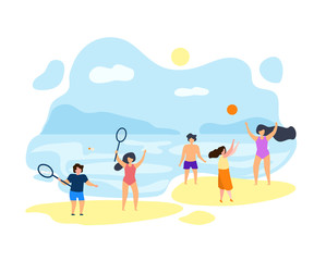 Guys Play Badminton in Summer on Beach Vector Flat
