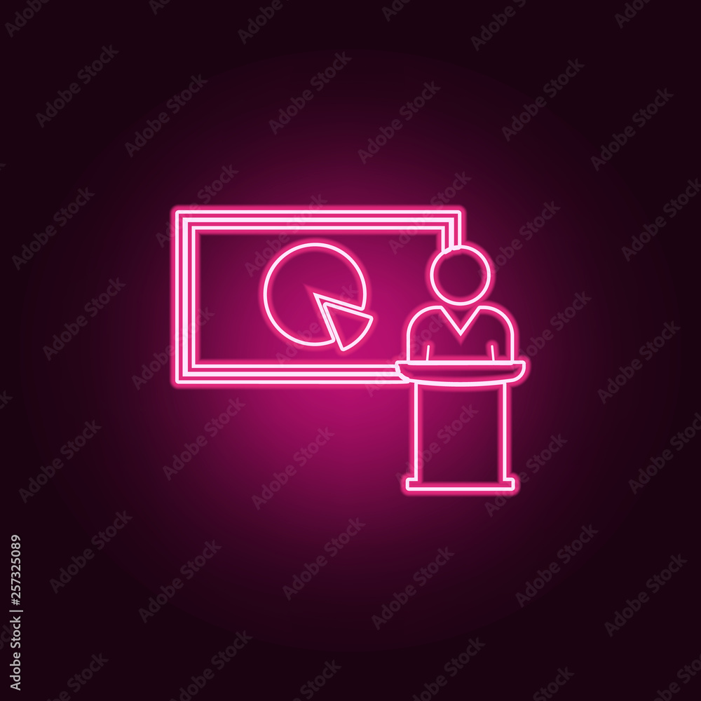 Poster presentation of a pie chart icon. elements of conversation and friendship in neon style icons. simpl