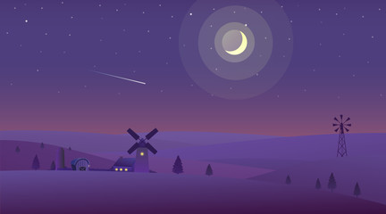 Obraz na płótnie Canvas Vector illustration of night time nature landscape in the Countryside with Farm and a Crescent moon