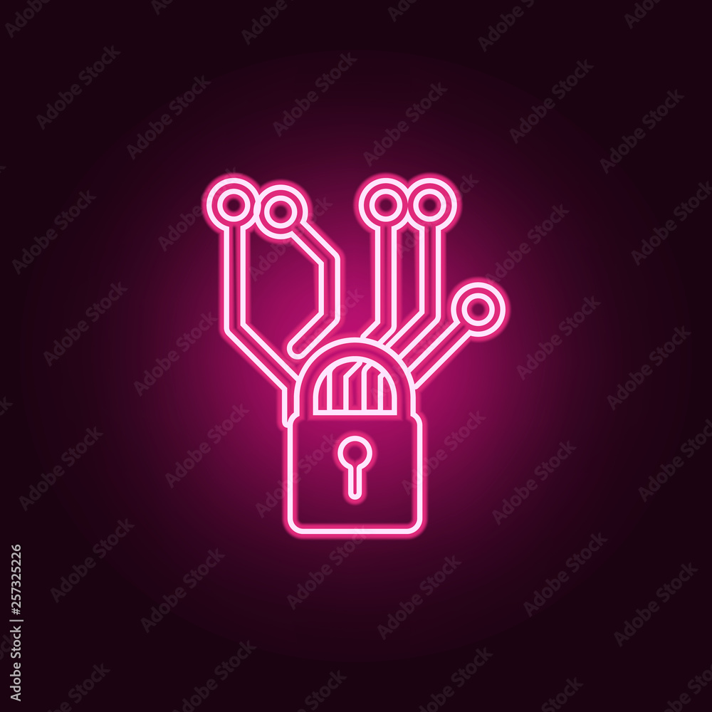 Poster chip and lock icon. elements of cyber security in neon style icons. simple icon for websites, web de