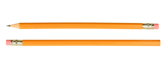 sharp and unsharp yellow pencils opposite direction isolated on white background..