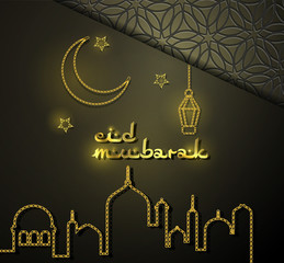 Eid Mubarak concept banner with islamic geometric patterns, crescent moon and star. Ramadan Kareem. Vector illustration