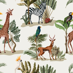 Naadloos patroon met exotische bomen en dieren. Interieur vintage behang.