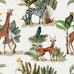 Papier peint Animaux afrique Modèle sans couture avec des arbres et des animaux exotiques. Papier peint intérieur vintage.