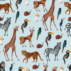 Seamless pattern with wild animals such as zebra, parrot, toucan, monkey, giraffe and antilope.