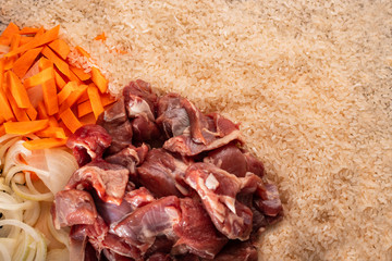 Pilaf ingredients laid out. On the kitchen table