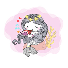 Mermaid with eyes closed, blowing a shell instrument