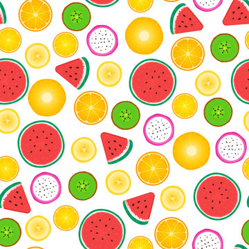Seamless pattern of fruit slices. Vector isolated on white background