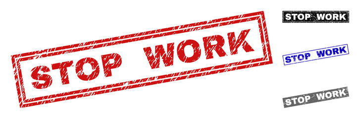 Grunge STOP WORK rectangle stamp seals isolated on a white background. Rectangular seals with distress texture in red, blue, black and grey colors.